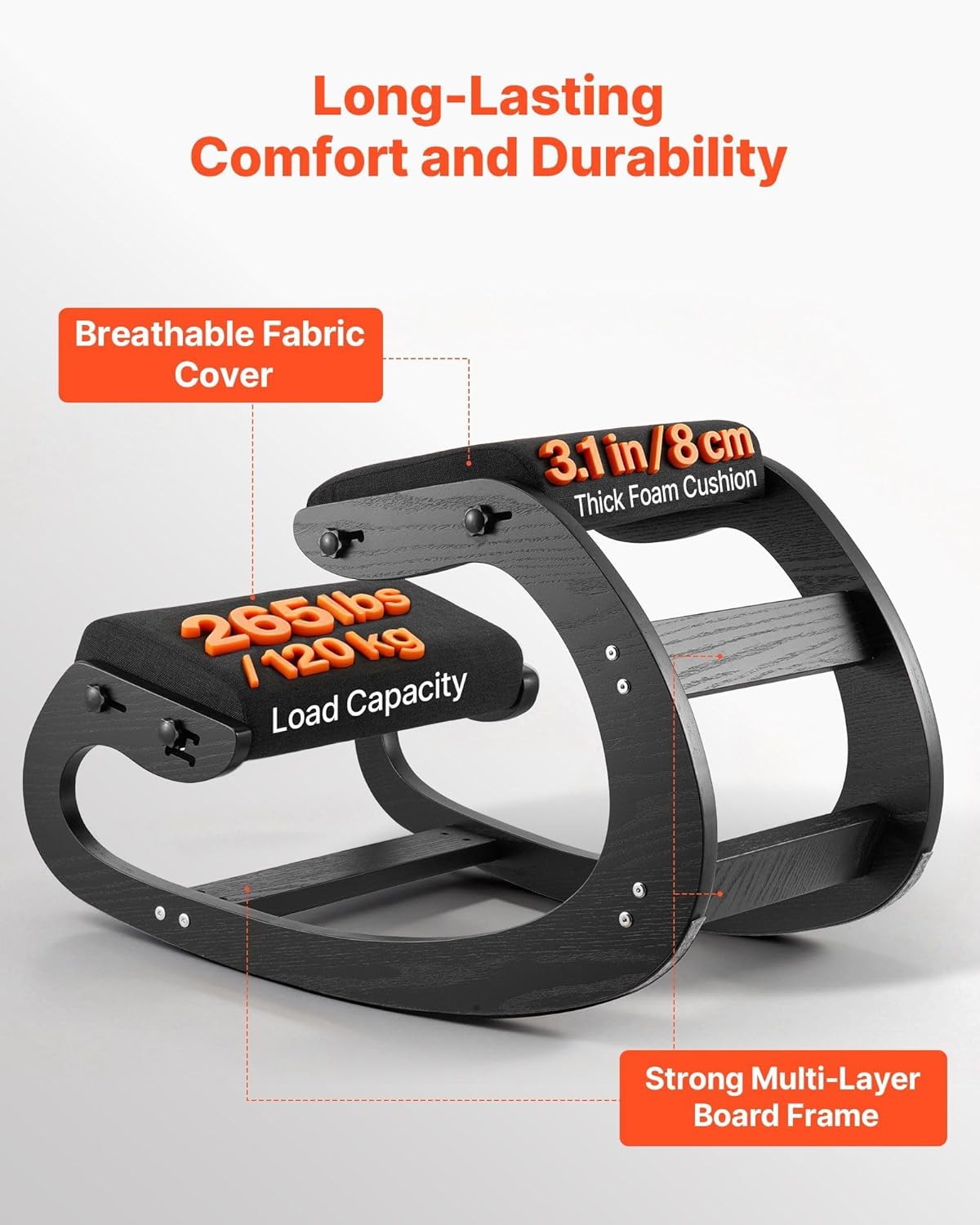 Adjustable Ergonomic Kneeling Chair: Solid Wood Frame, Thick Seat/Knee Cushions, Rocker Base, 265lb Capacity, Black for Active Sitting