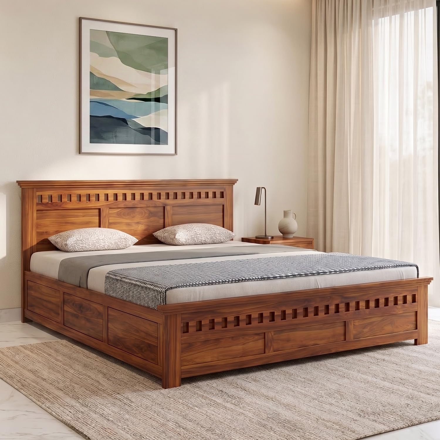Ganpati Arts Sheesham Wood Armania King Size Bed with Box Storage for Bedroom Living Room Wooden Double Bed Palang (Natural Finish)