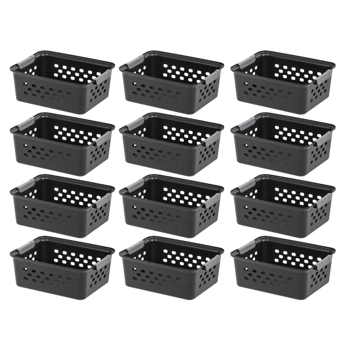 Photo 1 of **ONE  ORGANIZER BROKEN, **
IRIS USA OSB Plastic Storage Shelf Basket/Pantry Bins-Household Organizers with Handles for -Kitchen, Countertops, Cabinets, Bedrooms, and -Bathrooms, Small (12PC), Black, 12 Pack 12-Pack, Small, Black