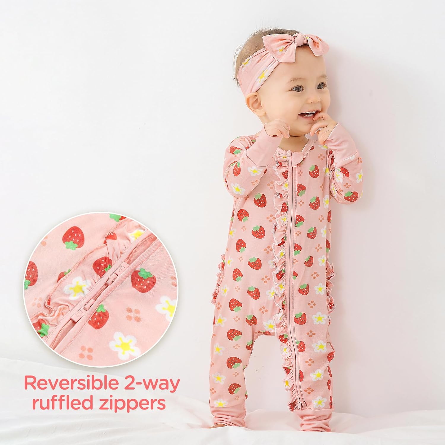 Viscose from Bamboo Ruffled Zippered One-Piece Infant Footless Sleepers Rompers 0-36 Months - Image 2