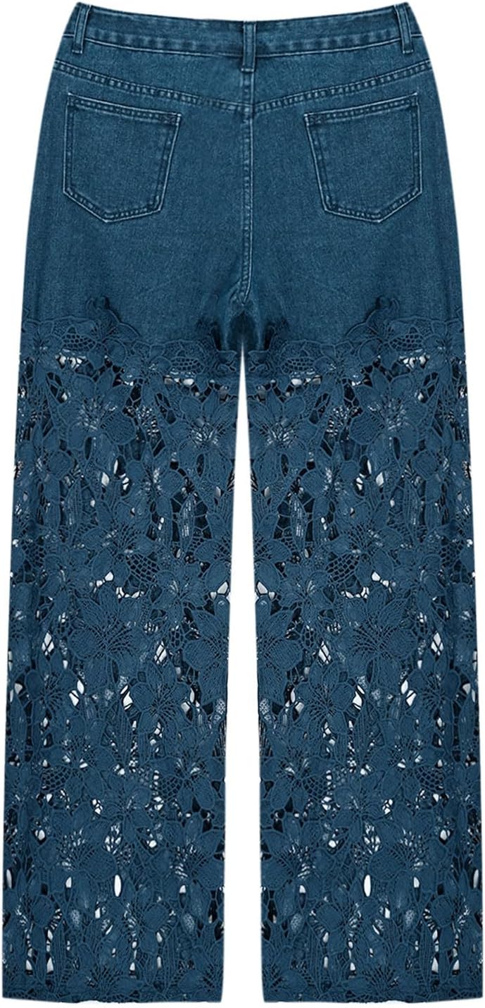 Women's Lace Patchwork Jeans High Waisted Straight Wide Leg Hollow Out Baggy Stetch Denim Pants with Pockets