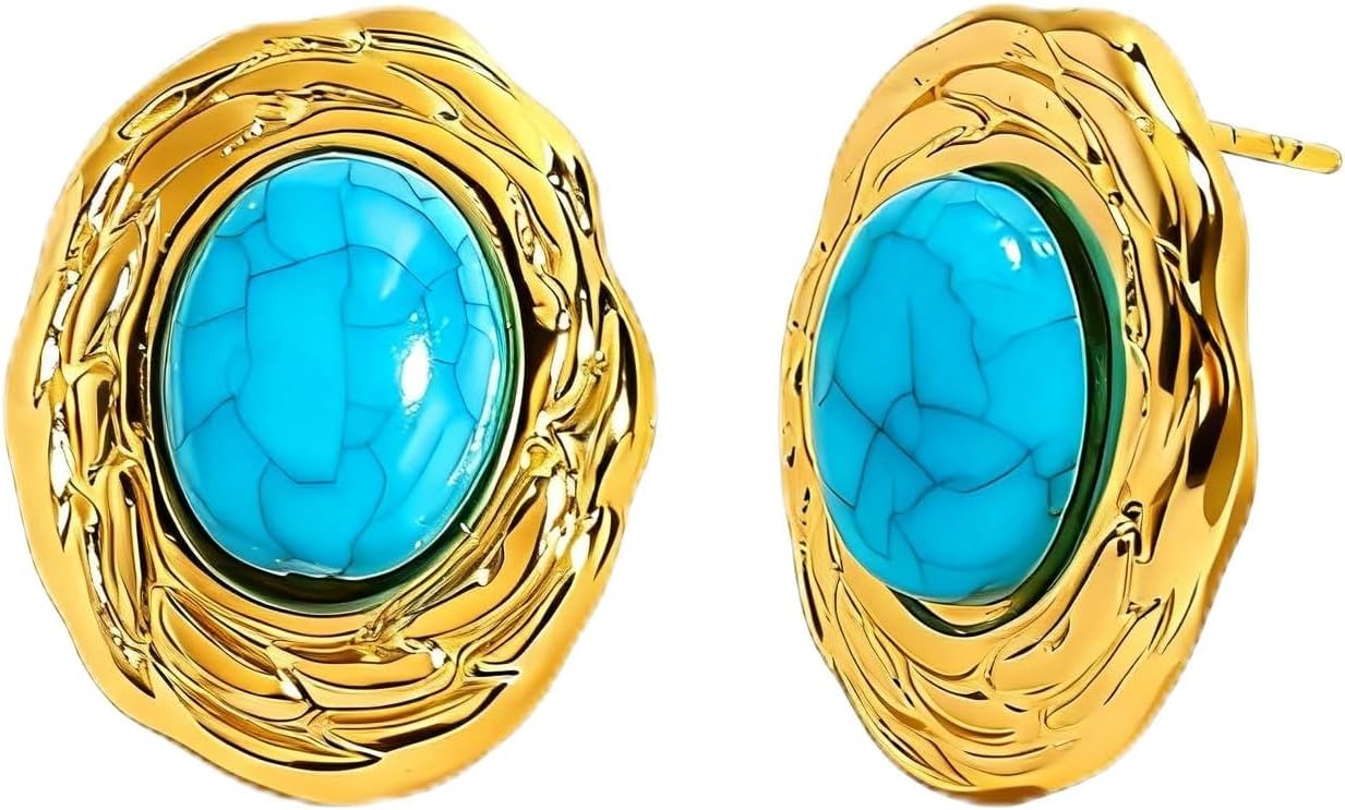 Chunky Gold Oval Turquoise Stud Earrings for Women, Titanium Steel Gold Plated Natural Turquoise Statement Earrings for Party Vintage Jewelry Gifts