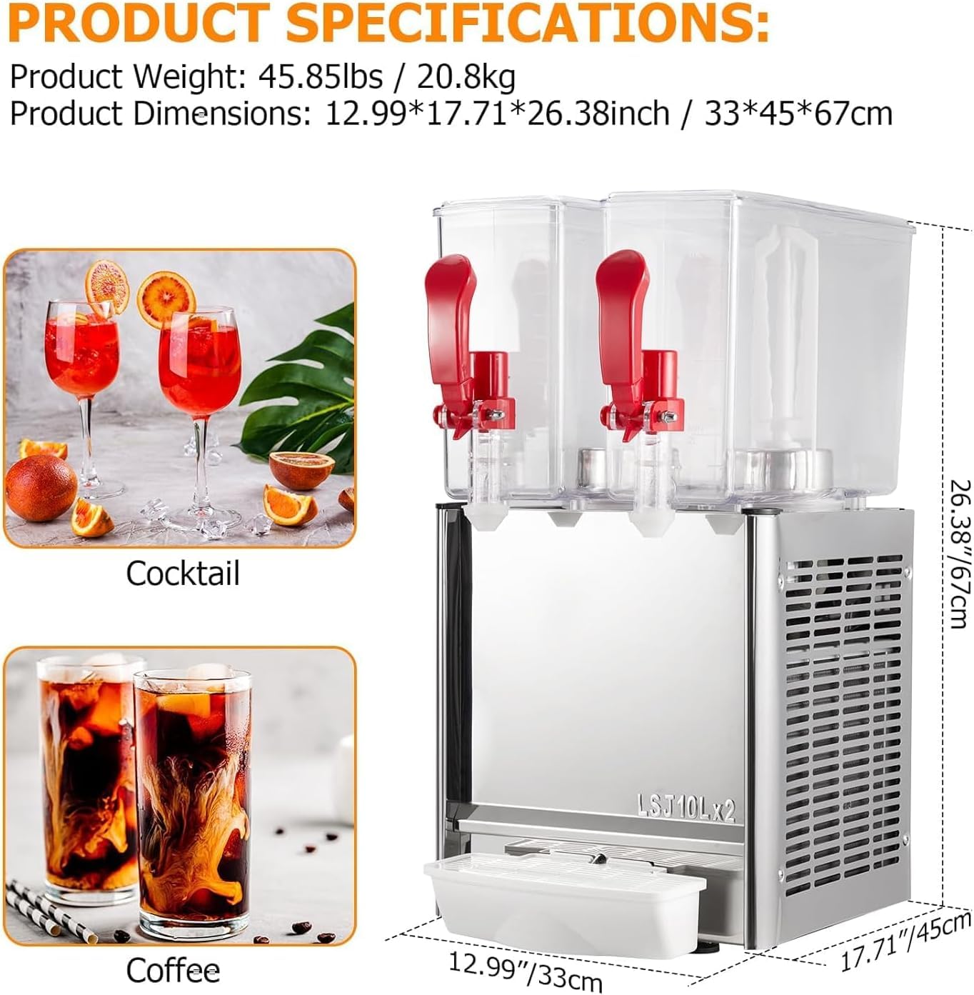 2 x 10L Commercial Beverage Dispenser with Mixer 5.82 Gallon Refrigerated Stainless Steel Juice Dispenser for Restaurant, Cold Drinks with Infuser, Ice Tub, and Thermostat Control