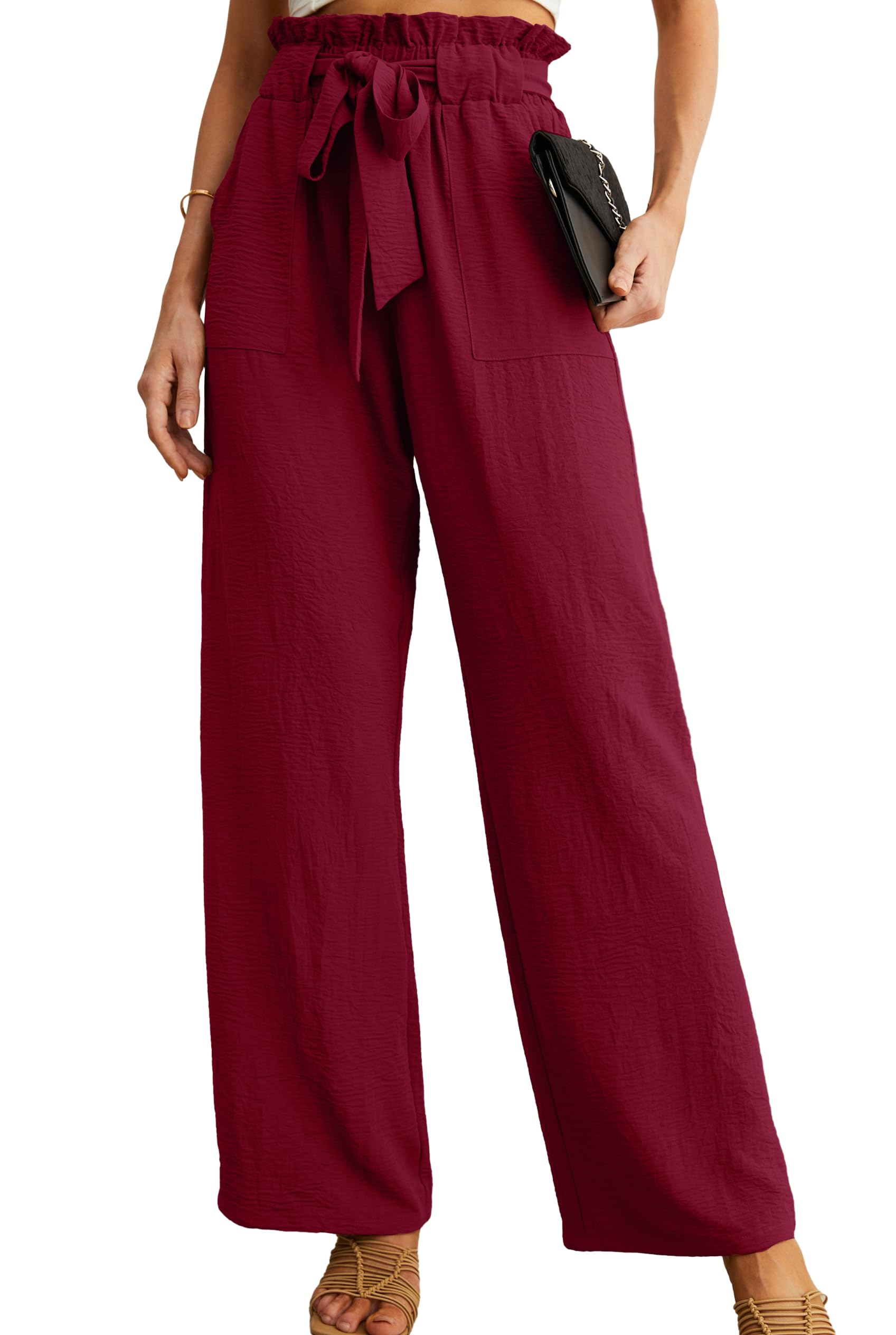IWOLLENCEWomen's Wide Leg Pants with Pockets High Waist Adjustable Knot Loose Casual Trousers Business Work Casual Pants