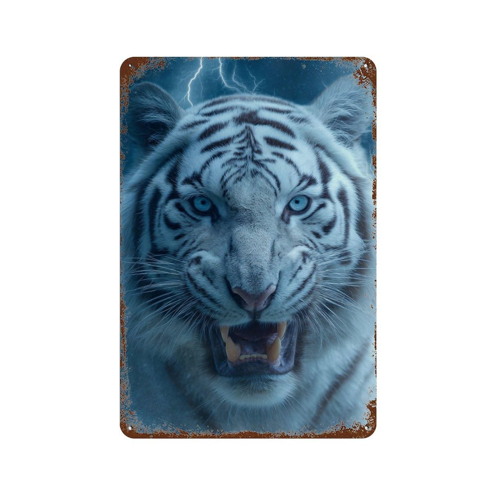White Tiger Roar 11.8"x7.9" Weathered Tin Sign, Shabby Chic Decor for Cafe, Home Bar And Lounge Decor