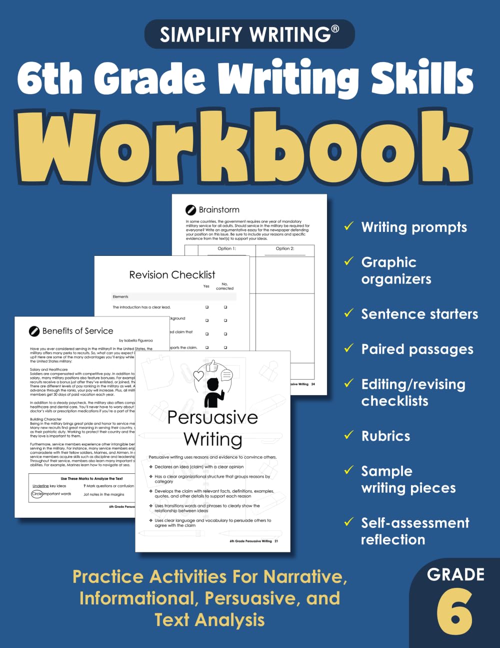 6th Grade Writing Skills Workbook: Practice Activities For Narrative, Informational, Persuasive, and Text Analysis (Writing Skills Workbooks For Home Educators and Classroom Teachers)