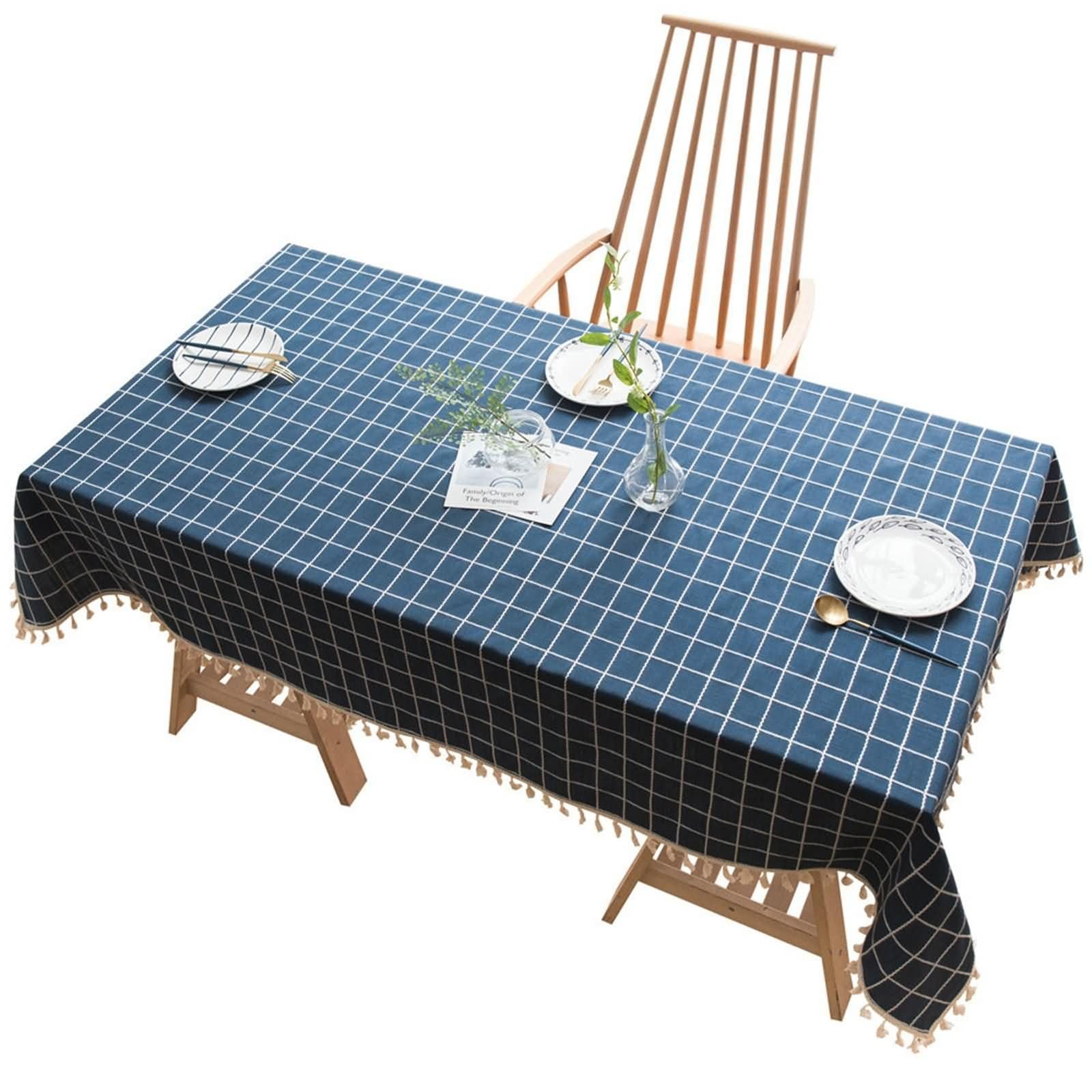 Dunkelblau Rechteckige Tischdecke 140 x 180 cm, Leinen Baumwolle Plaid mit Quasten, Tischdekoration Wohnzimmer