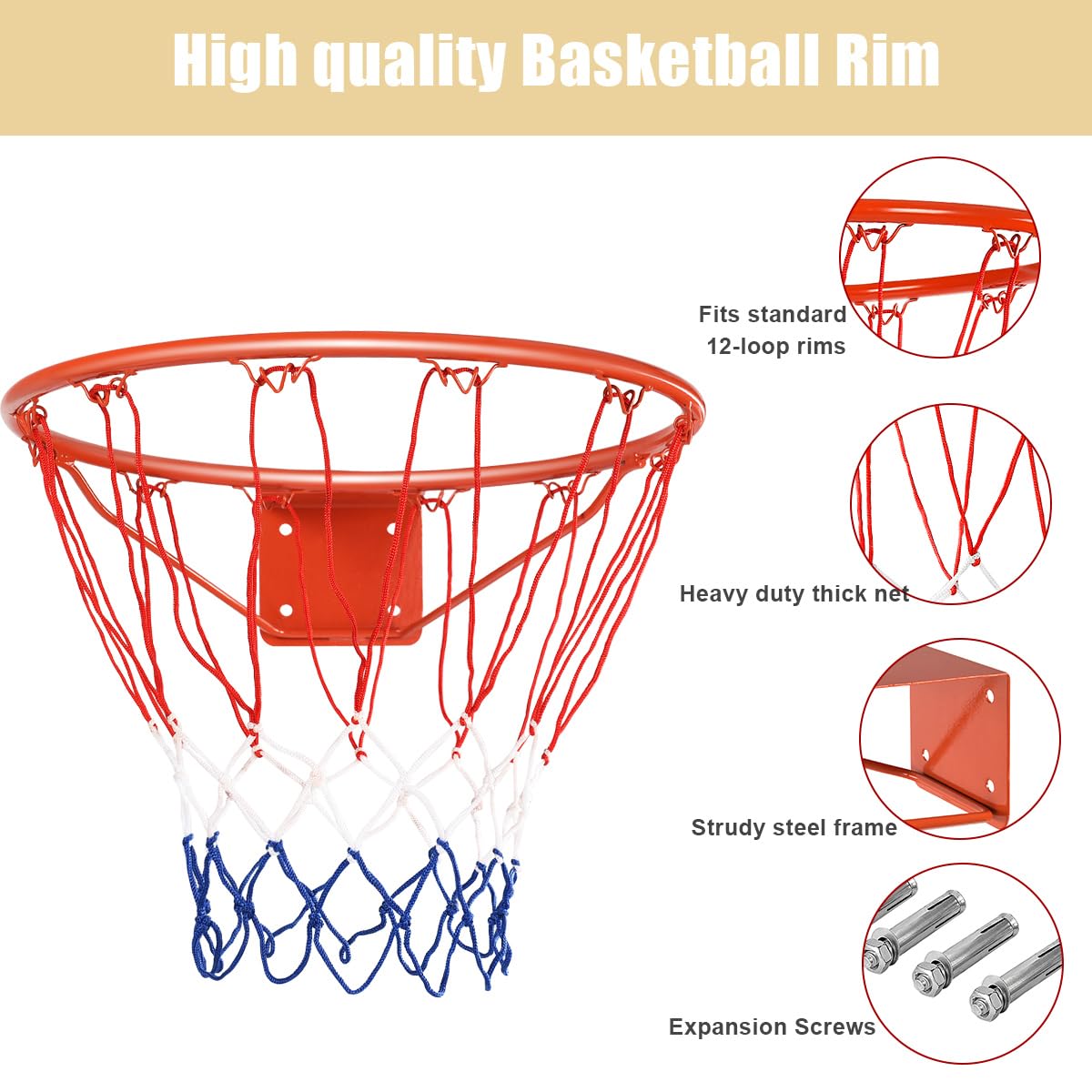LIFEZEAL Aro de Baloncesto de 45 cm de diámetro, Canasta de Baloncesto con Red de Nylon, Equipo Deportivo para Interior y Exterior