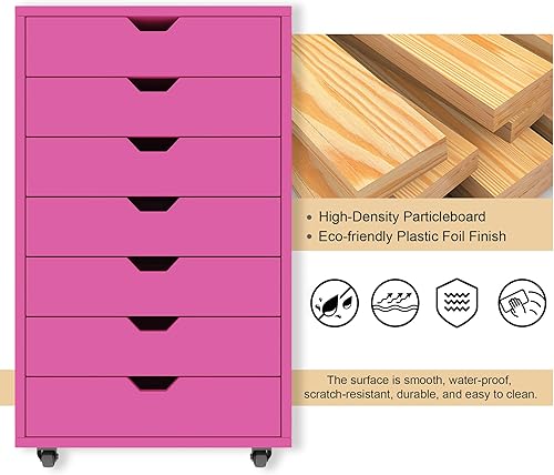 Miniatura 6 de Organizador de 7 cajones, cómoda rosa, archivador móvil, gabinetes de almacenamiento verticales de madera con ruedas, cajones Alex para el hogar,