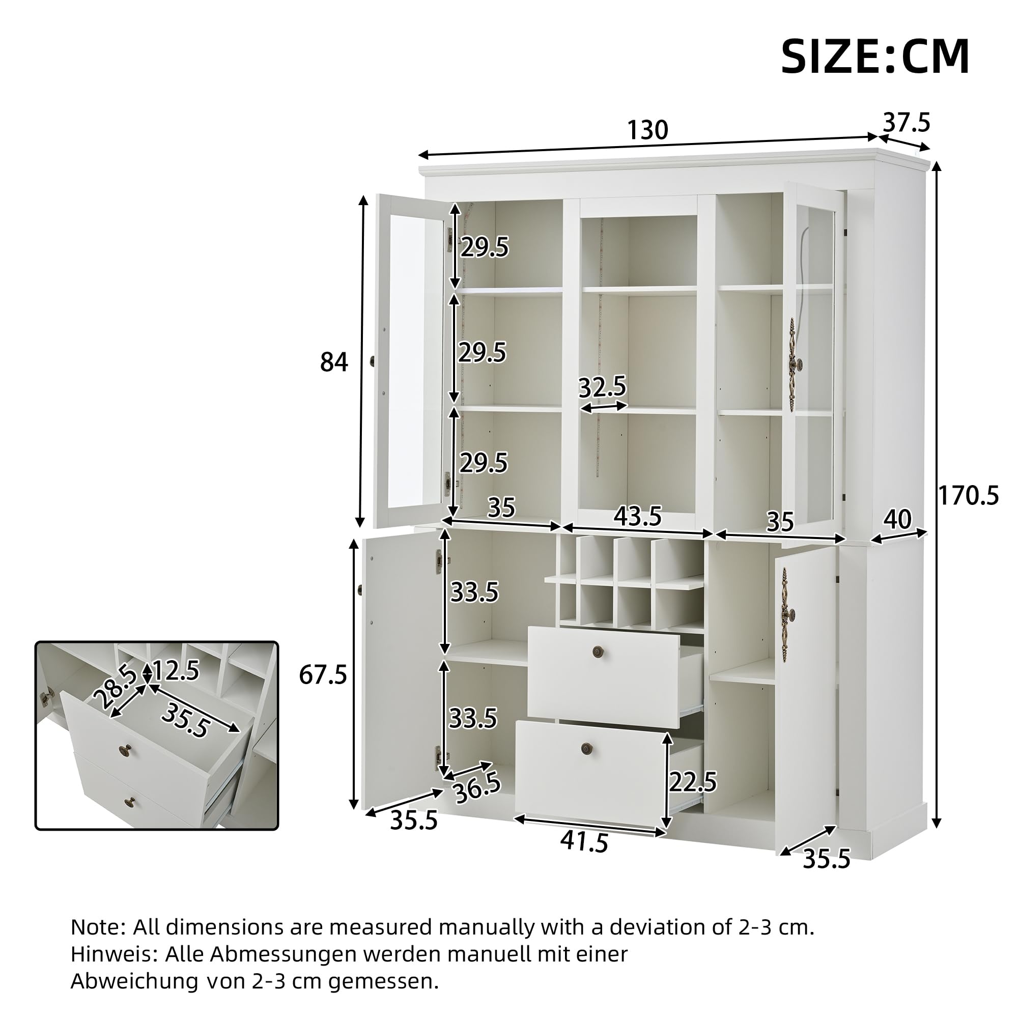 Vitrina de 130 x 37,5 x 170,5 cm, vitrina de pie con 2 cajones, 4 puertas de armario, vitrina de cristal con LED, armario de salón de 130 cm de ancho, armario multifunción con 8 estantes para