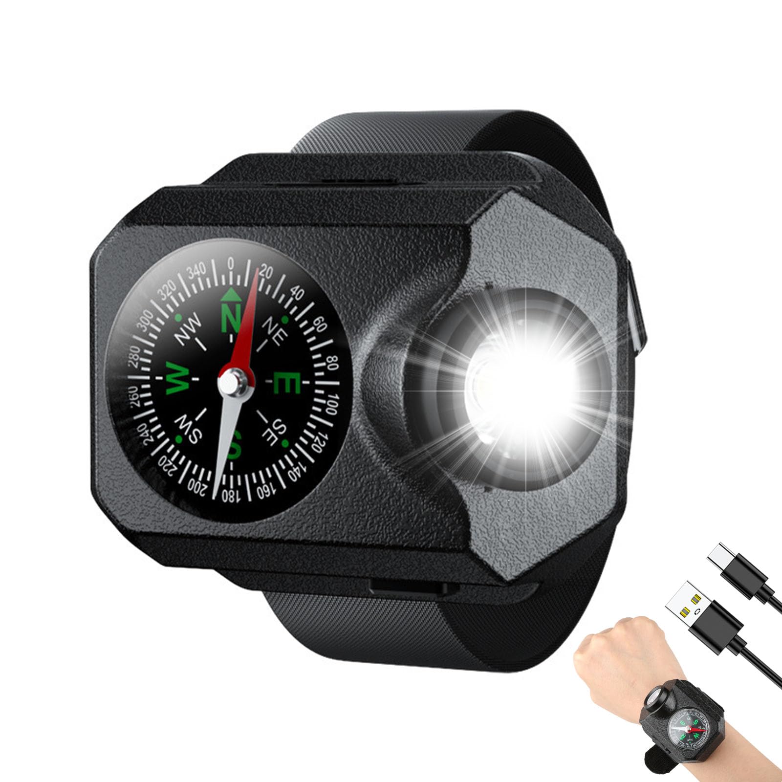 SiuyiuRunning Light, 1000 Lumen Rechargeable Wrist Flashlight, LED Running Lights with 5 Modes, Waterproof Wristlight with Compass for Running Biking Mountain Climbing Camping Hiking