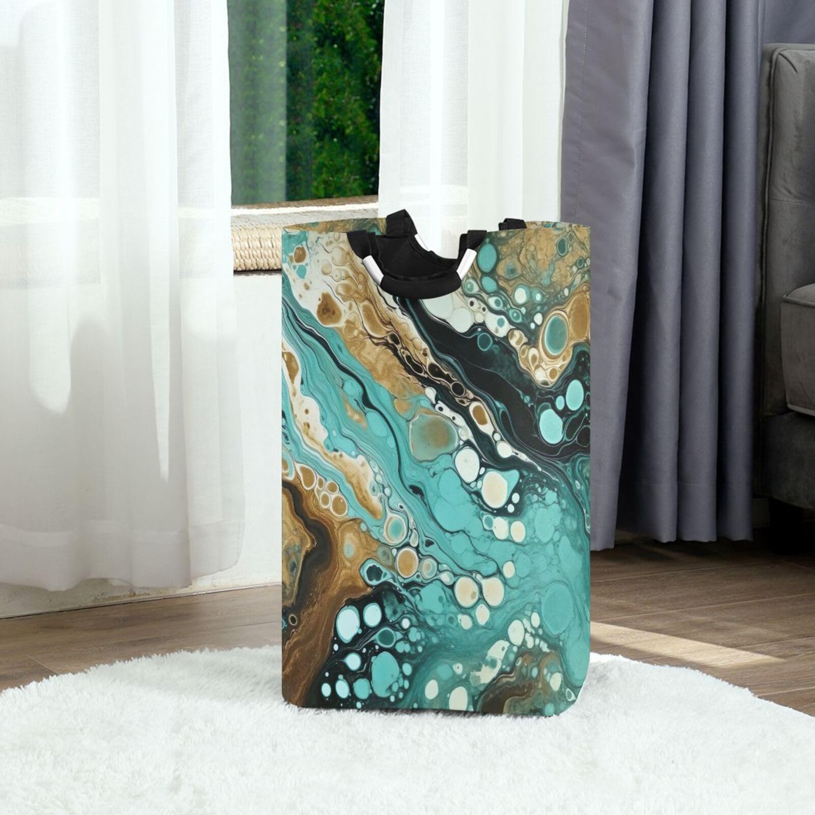 Jihqo Laundry Hamper Basket Turquoise Marble Collapsible Nursery Storage Bin Waterproof Clothing Baskets for Home Bedroom Bathroom Washing Room