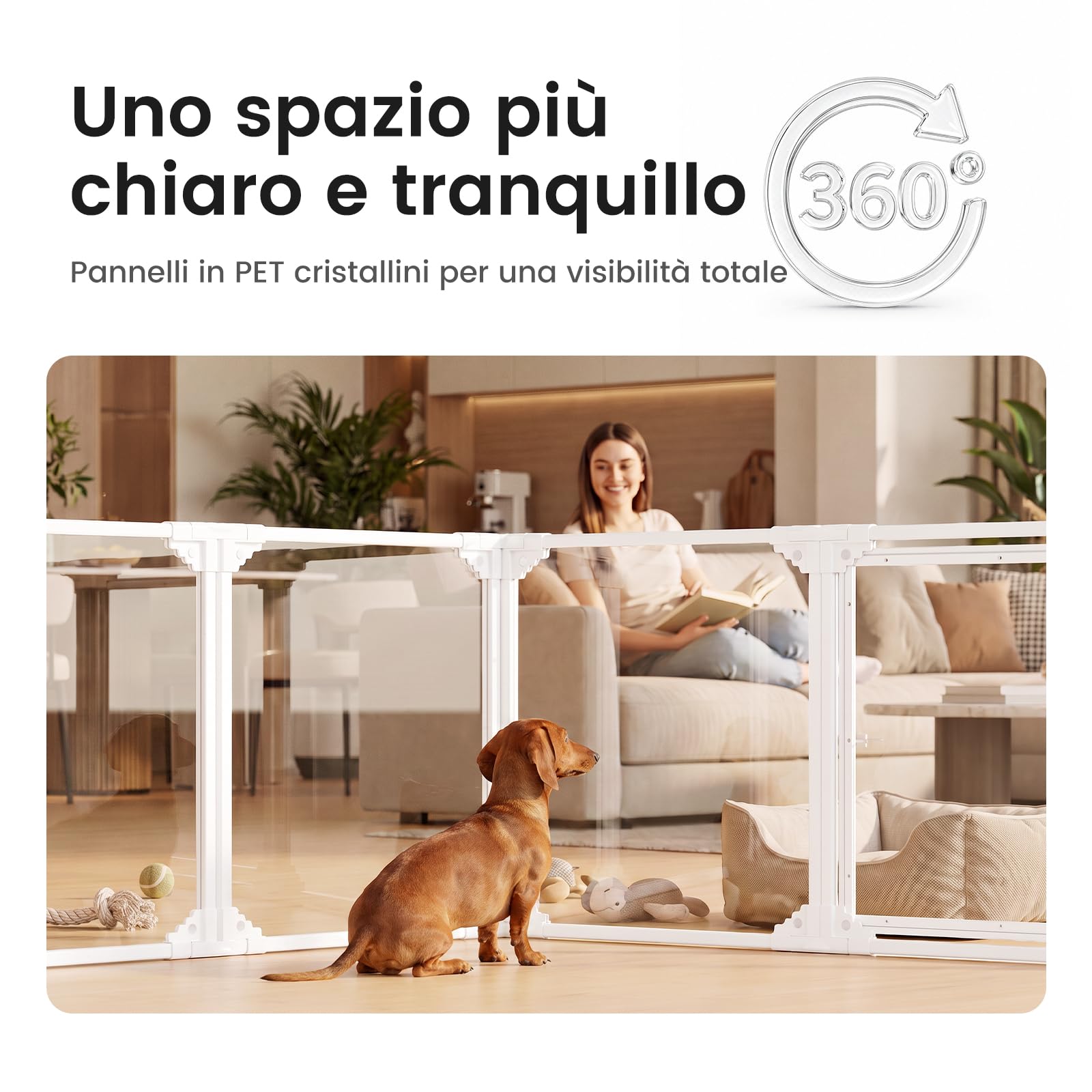 Gardner Pet Recinto per Cani Trasparente, 10 Pannelli, 60 cm, Bianco | Recinto da interno in metallo con pannelli PET, chiusura a scatto e ventose, 9 pannelli + 1 porta, per piccoli animali