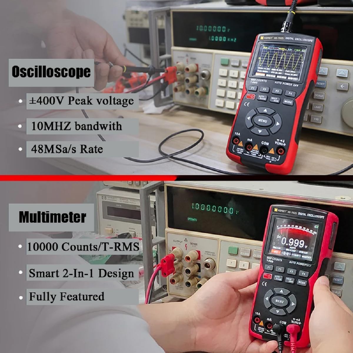 2 in 1 Handheld Oscilloscope Multimeter, 10MHz Bandwidth 48MSa/s High Sampling Professional Oscilloscope, 9999 Counts Digital Multimeter, Auto-Calibration Function, DC/AC Voltage/Current Test