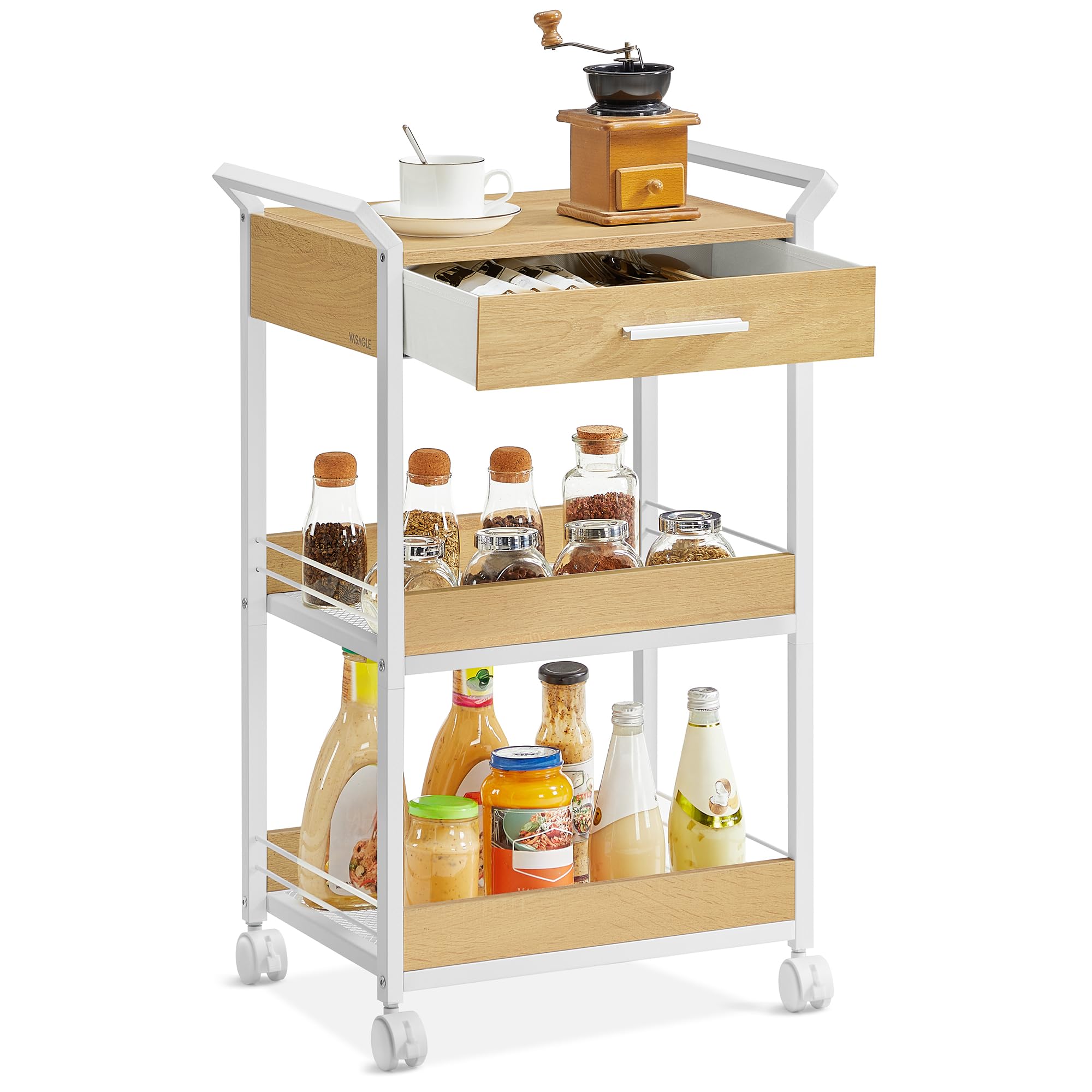 VASAGLE 3-Tier Rolling Storage Cart - Golden Oak & White