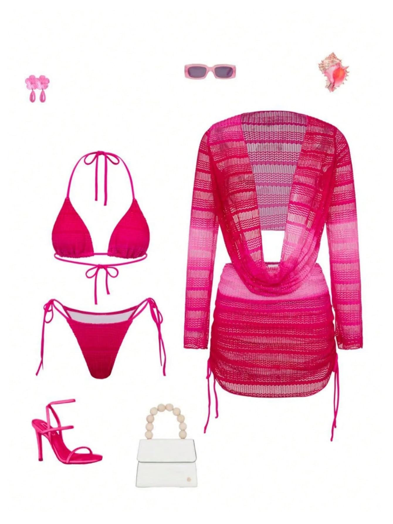 Women's Bathing Suits 4 Piece Swimsuits Crochet Triangle Halter Thong Bikini Set with Cover Ups