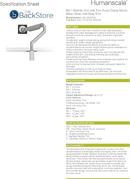Humanscale M2.1 Adjustable Monitor Arm with Two-Piece Clamp Mount with Base - Silver M21CMSBTB