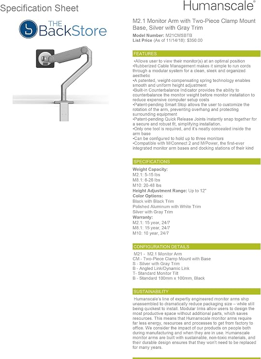 Humanscale M2.1 Adjustable Monitor Arm with Two-Piece Clamp Mount with Base - Silver M21CMSBTB
