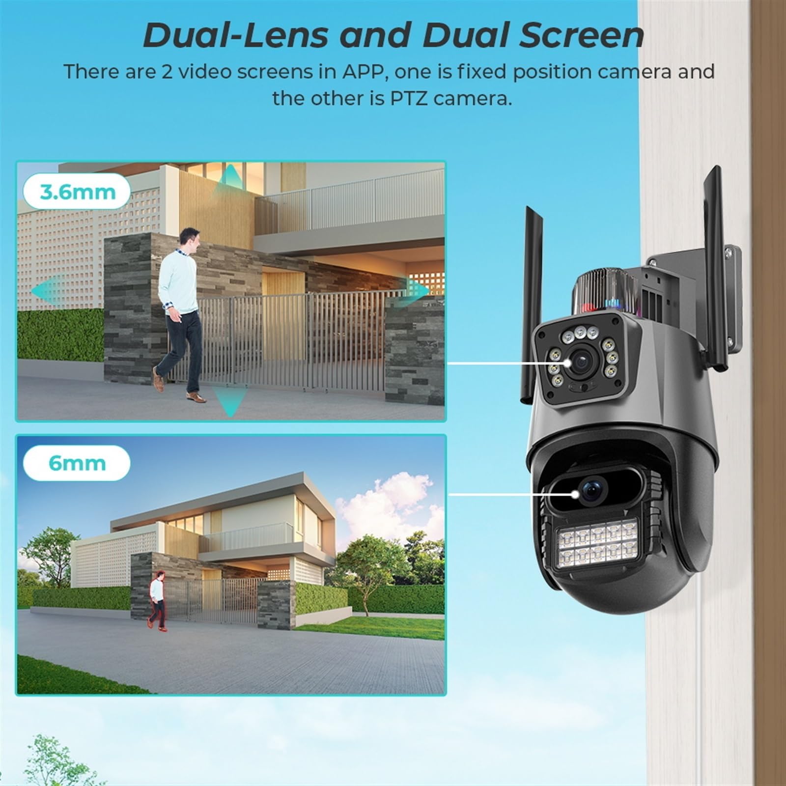 Telecamera WiFi Esterno, Telecamera da 6 MP Dual Lens Dual Screen PTZ Telecamera IP for videosorveglianza di Sicurezza Impermeabile for Esterni,Sicurezza, Antifurto(32G SD Card)