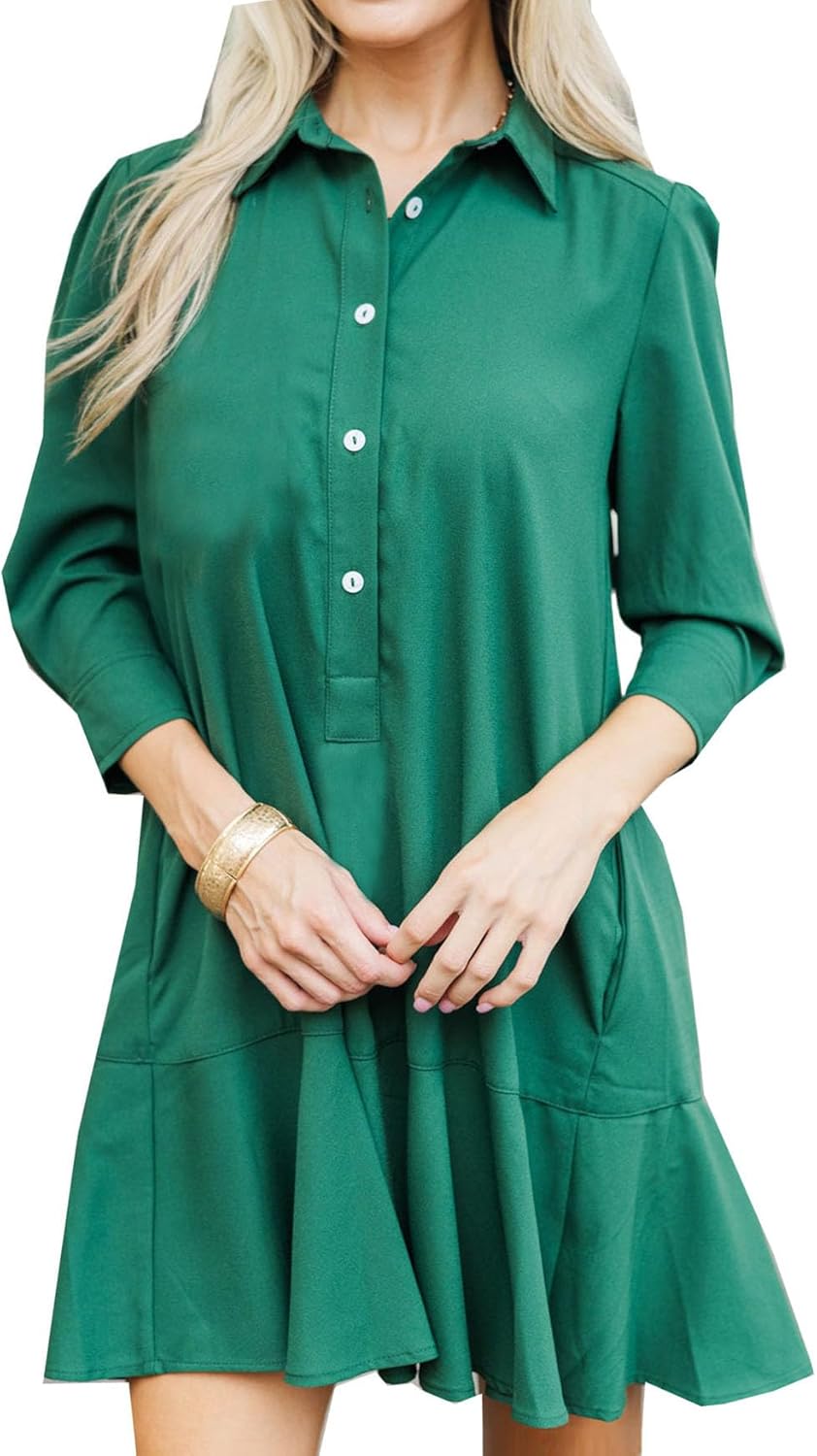 Kedera Women‘s Tunic Shirt Mini Dress Long Sleeves Short Dress Button Up Ruffle Hem Shift Dresses with Pockets Small Green