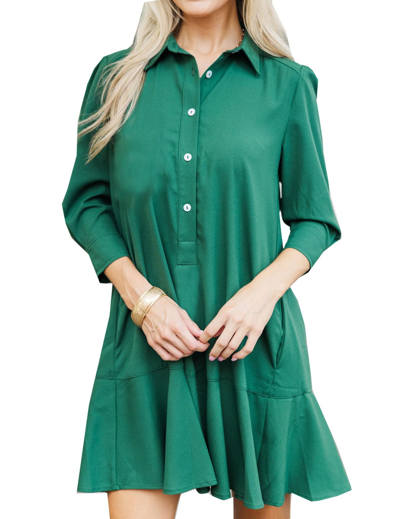 YEXPINE Women's Tunic Mini Shirt Dress Cotton Linen Long Sleeve Button Up Ruffle Hem Loose Casual Summer Pockets Shift Dress