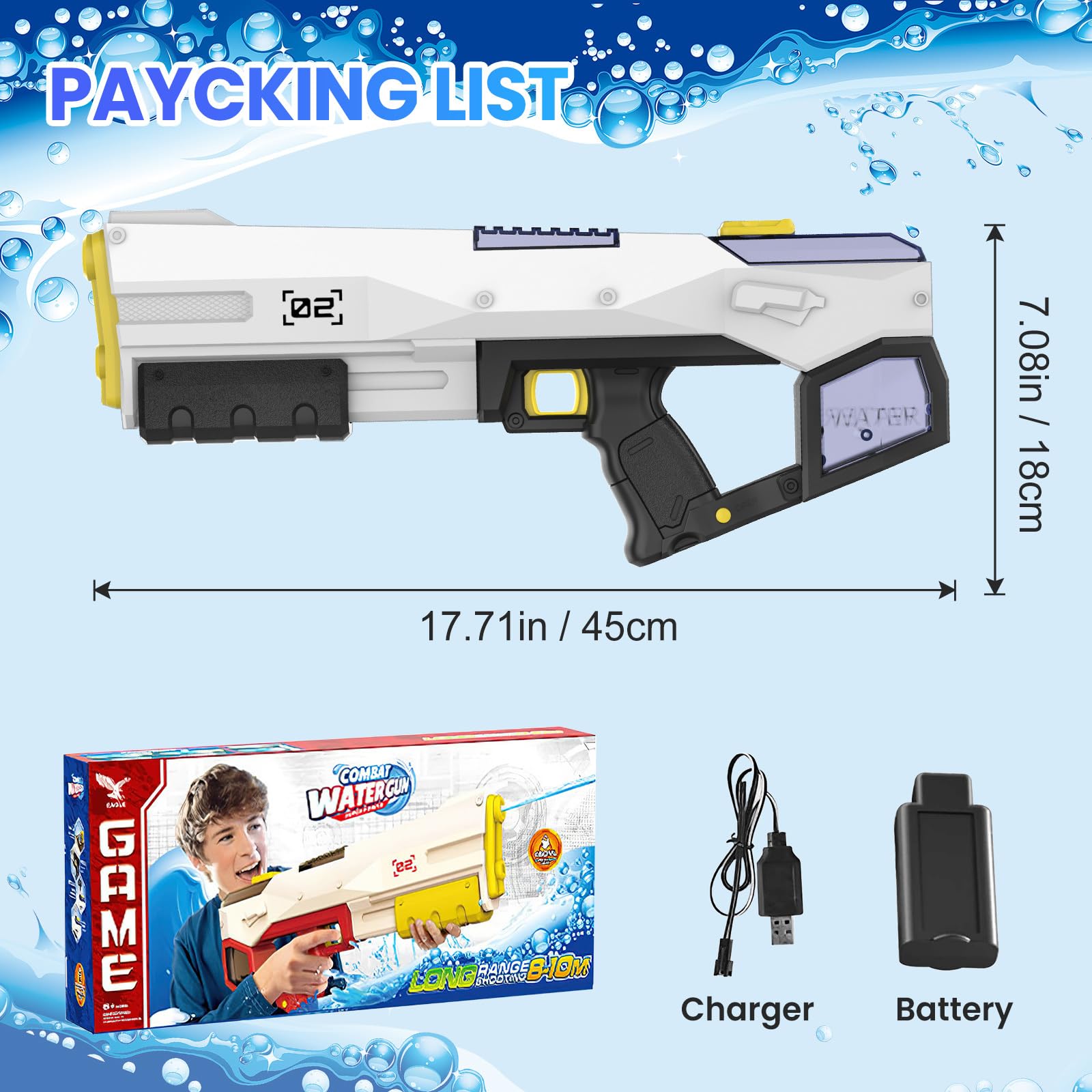 Elektrische Wasserpistole 450ml Automatische Wasseraufnahme Auto Manuell Modi 8m Reichweite Sommer Spielzeug Schwarz
