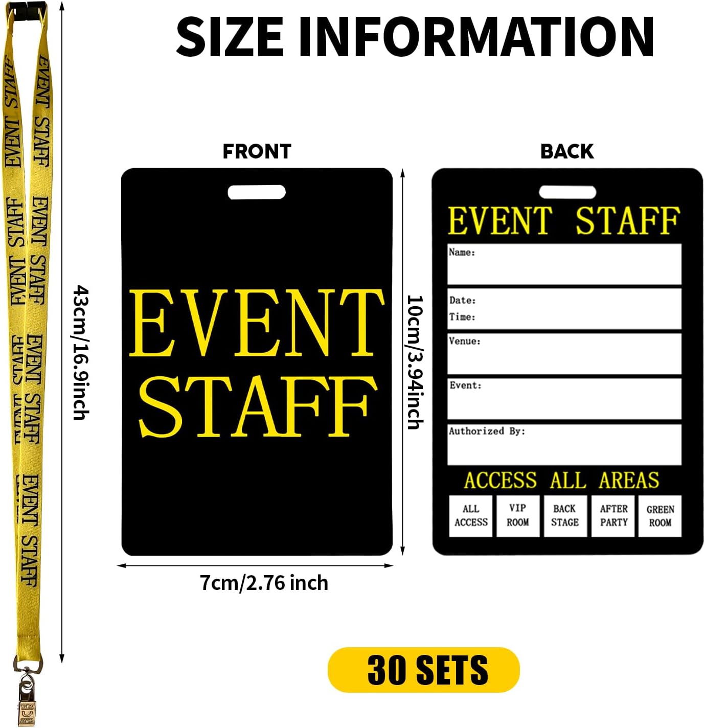 30 Pack Yellow Event Staff Lanyards with PVC Pass Cards Identifiable Event Lanyard Breakaway Lanyard for Concert Backstage Club Event Party Event Organizer Conference and Other Activities