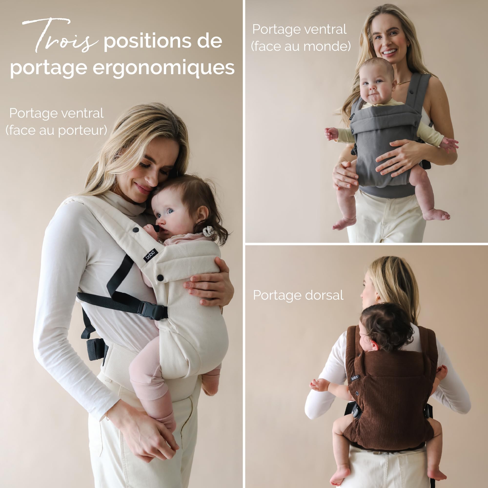 Boba Auri Portabebés Algodón Recién Nacido, 3-20 kg, Negro | Tejido Suave y Transpirable, Asiento Ergonómico en Posición M, 3 posiciones: frontal hacia ti, hacia fuera y espalda.