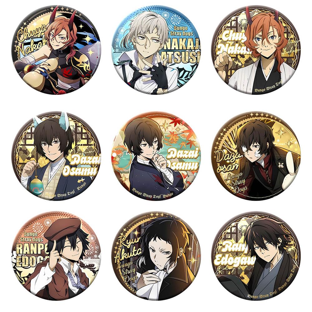 9 Bungo Strays Dogs Tinplate Badge Anime Figure Brooch Cool Pins, Dazai Chuuya Cosplay Accessories 58MM