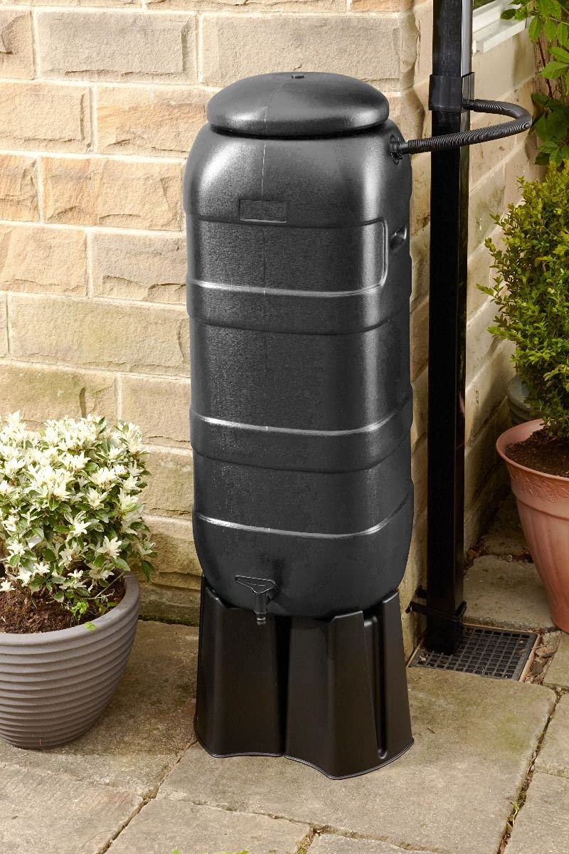 100L Black RainSaver Water Butt Kit, Water Barrel UK, Includes Stand and Diverter