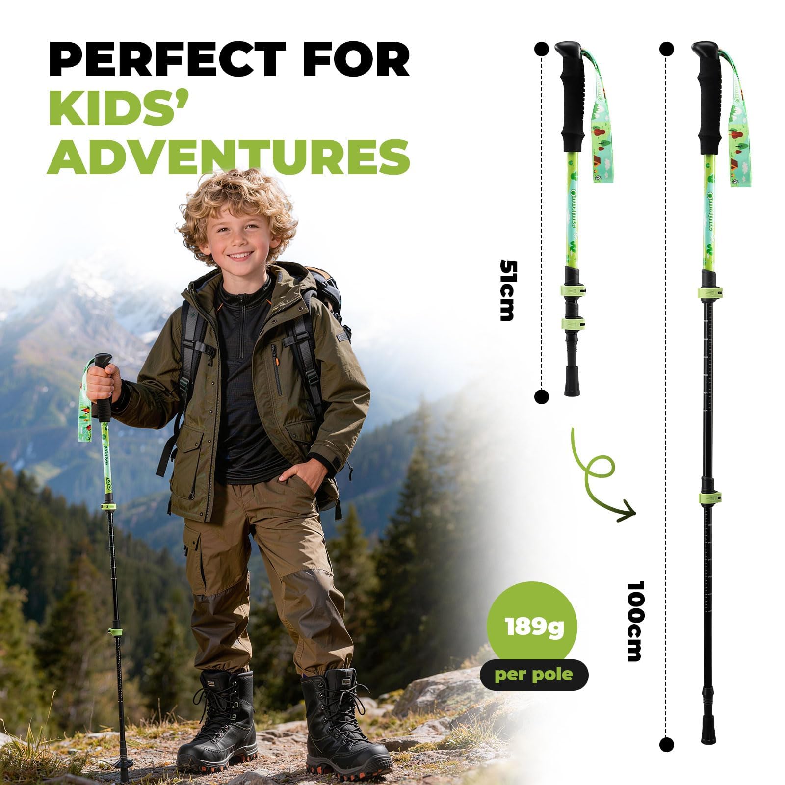 2 Pezzi Bastoni da Trekking per Bambini Pieghevoli in Alluminio | Regolabile 51-100cm, con Manico in Eva, Bastoncini Telescopici Leggero, Bastoncini da Trekking per Montagna Escursioni