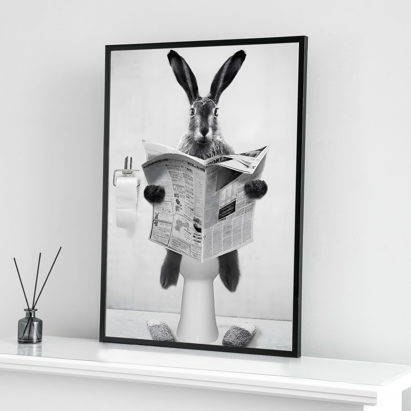 Cute Newspaper Animal Wall Art Black and White Canvas Printed Cabin Bathroom Decoration Bath Wall Picture Frameless (Rabbit - Image 2
