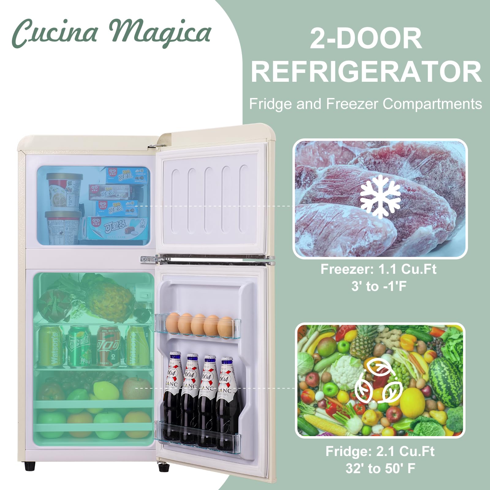 Cucina Magica Mini Fridge With Freezer, 3.2 Cu.Ft Mini Fridge, Retro Small Refrigerator With Adjustable And Removable Double Doors, Suitable For Office, Bedroom, Dormitory Or Cabin, Cream on Fridge.com - View 3