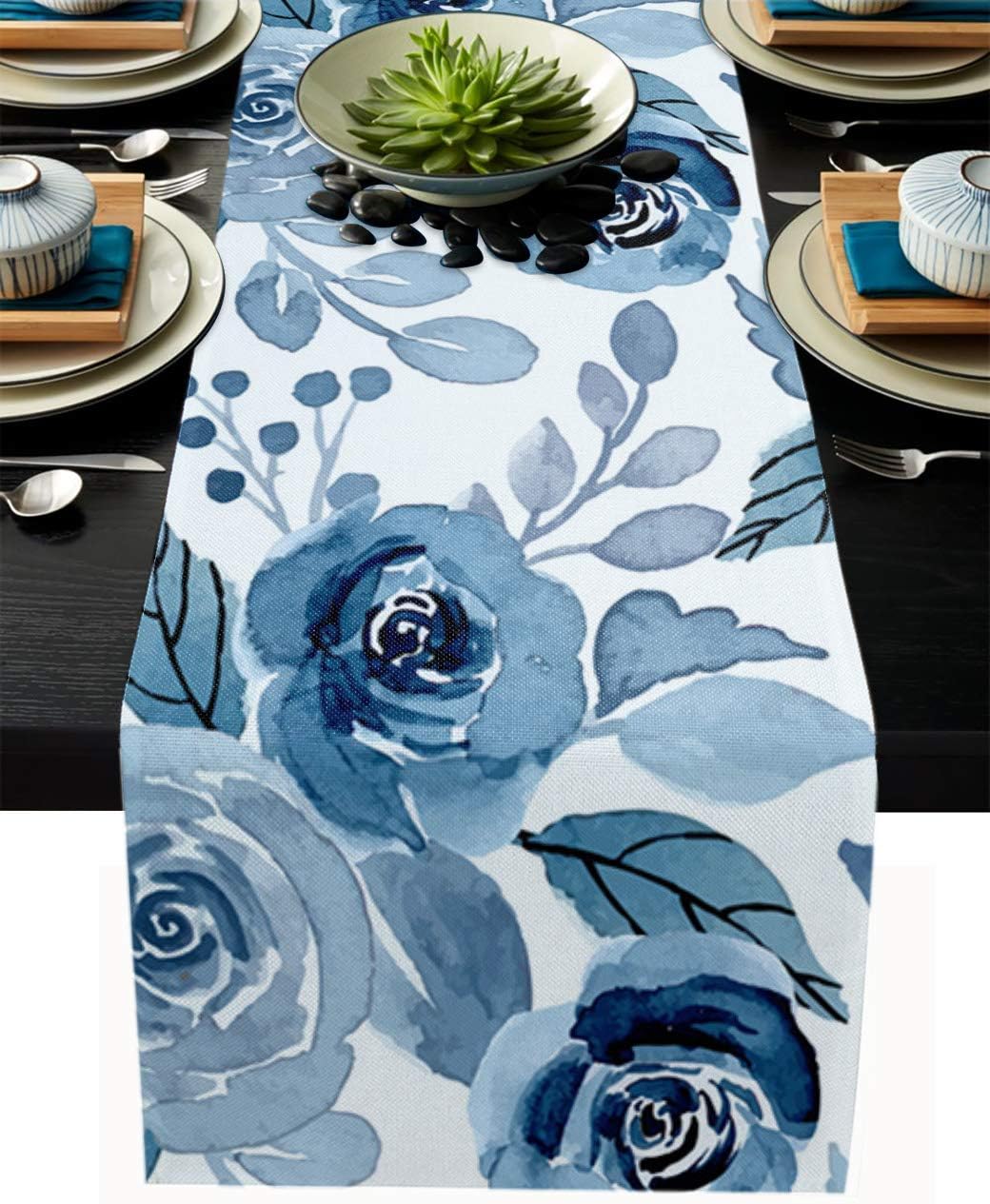 Dining Table Runner 72 inches Long Blue Rose Watercolor