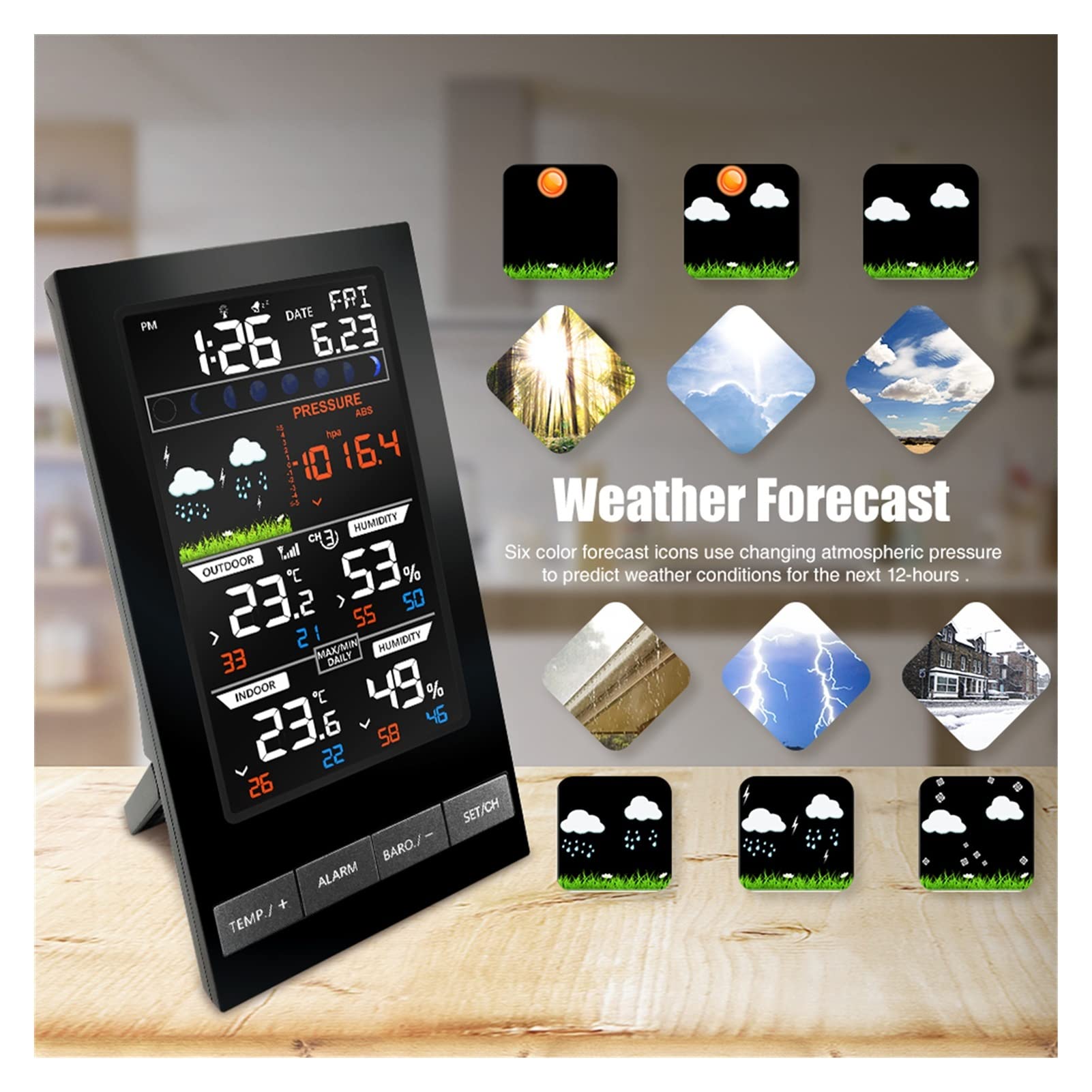 Stacja Pogodowa, 3 kanałowy stacja pogodowa cyfrowa termometr higrometr prognoza czujnika bezprzewodowa Temperatura Watch biurko ścienne(3Pcs outdoor sensors)