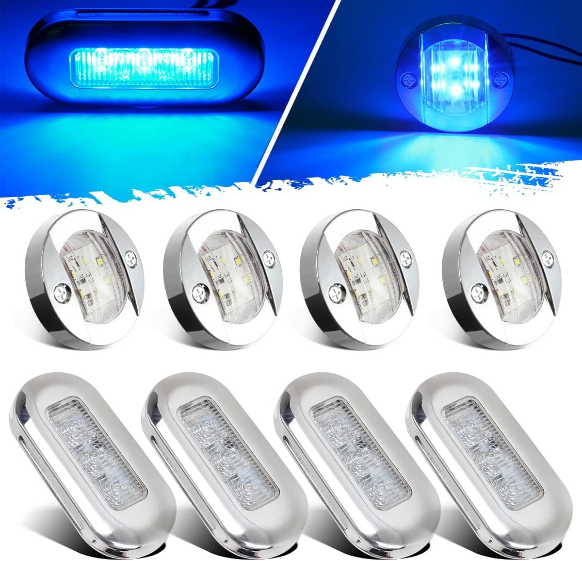 Partsam 4Pcs 3" Round Chrome Marine Clear Lens Blue LED Transom Mount Stern Anchor Navigation Lights+4pcs 3" Blue LED Oblong Courtesy Light