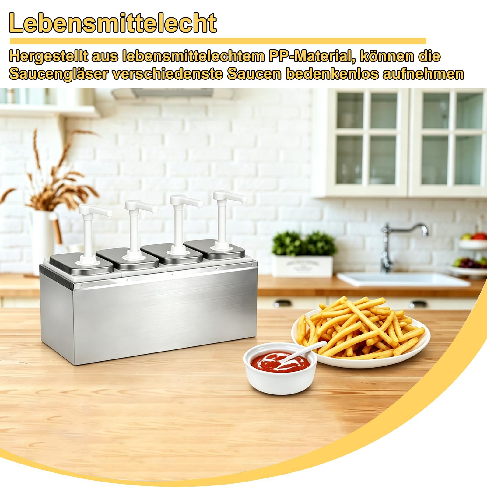 8L Ketchup Spender, Saucenspender mit 4 Pumpen, 8 Etiketten, Abnehmbar, Edelstahl-Gewürzpumpstation Küchensoßenspender, Salat Marmeladen Gewürz Gewürz Quetschpumpenbehälter für Küche und Restaurant