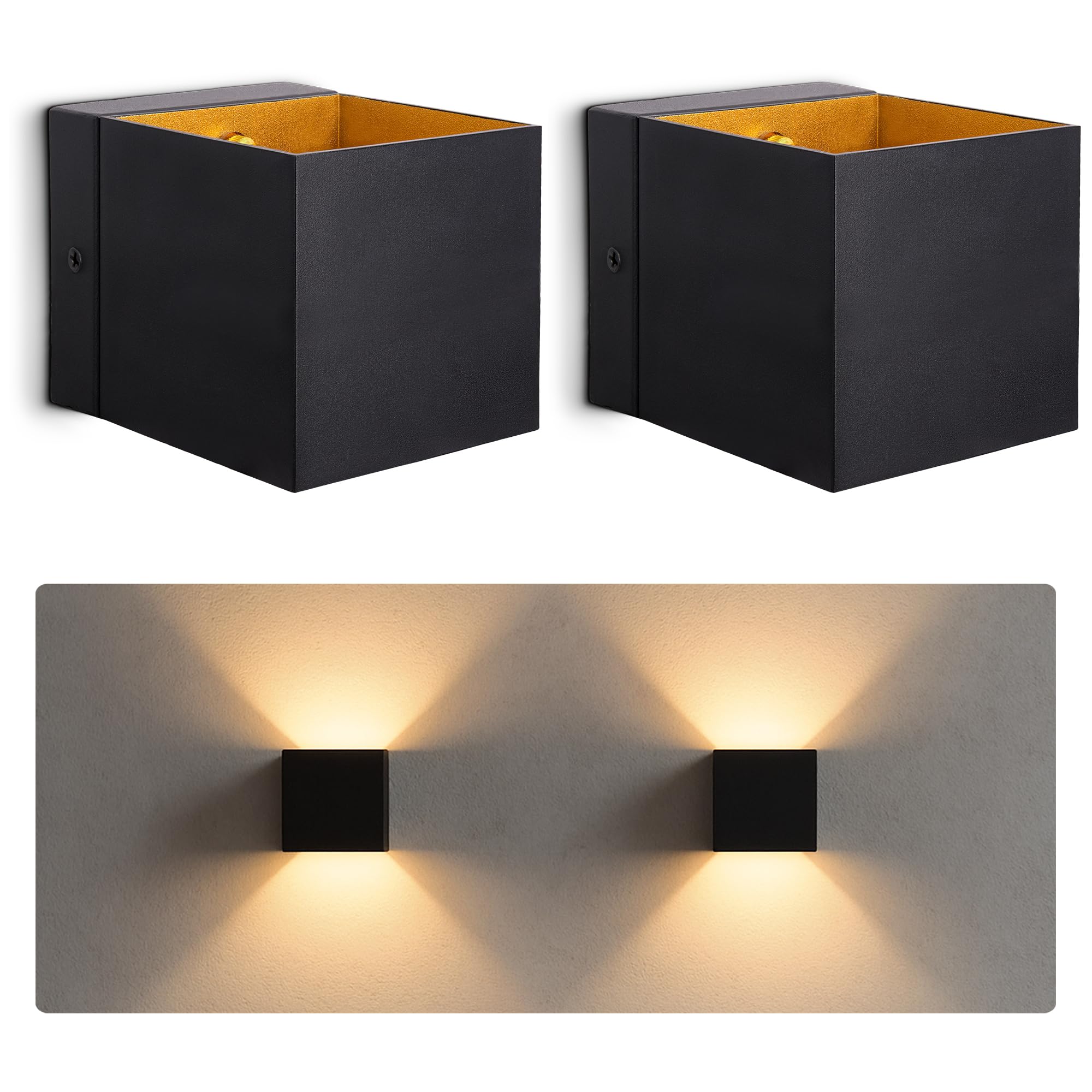 SSC-LUXon EPITA Wandleuchte 2 Stück Innen schwarz-gold Up & Down G9 | Zwei moderne Wandlampen schwarz mit goldenem Innenschirm - Up-Down-Licht für Flur, Treppenhaus & Schlafzimmer, G9-Fassung