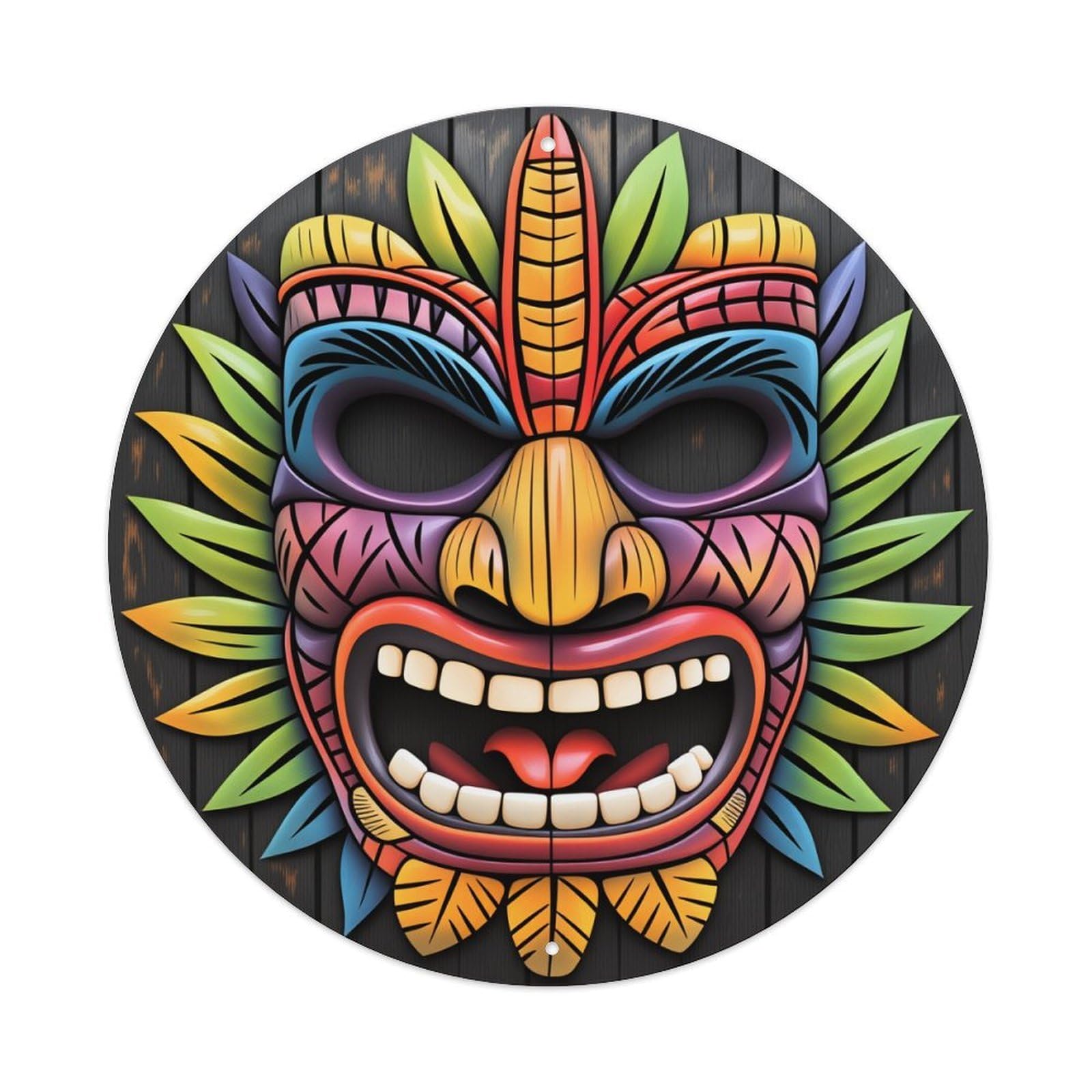 Tiki Mask With Colorful Leaves Retro Metal Sign Round Tin Sign, Vintage Decor Art Poster for Bar, Home, Man Cave, Kitchen, Laundry Room Gift 8x8Inch