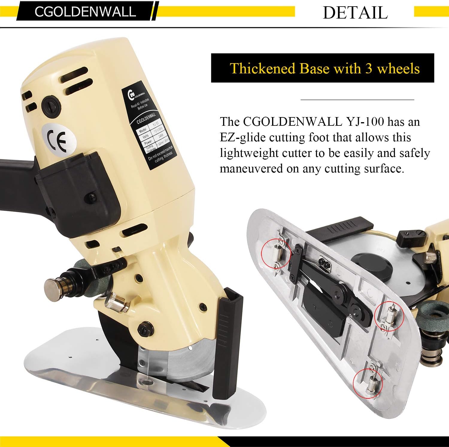 CGOLDENWALL YJ-110 Industrial Electric Fabric Cutter Cloth Cutting Machine 32mm Maximum Cutting Thickness 110mm Blade Size Ideal for Multi Layer Cloth Textiles Paper Leather Rubber Curtain and Carpet