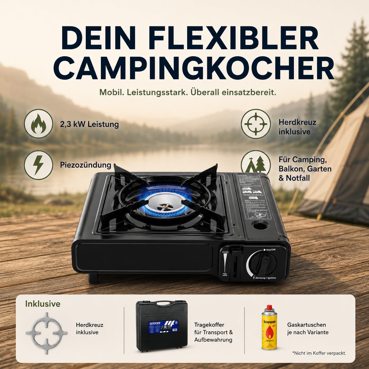 TruWare Camping Gaskocher für MSF-1A Kartuschen und Reduzierkreuz | 2,3 kW Leistung, CE geprüft, für Festival, Picknick oder Stromausfall