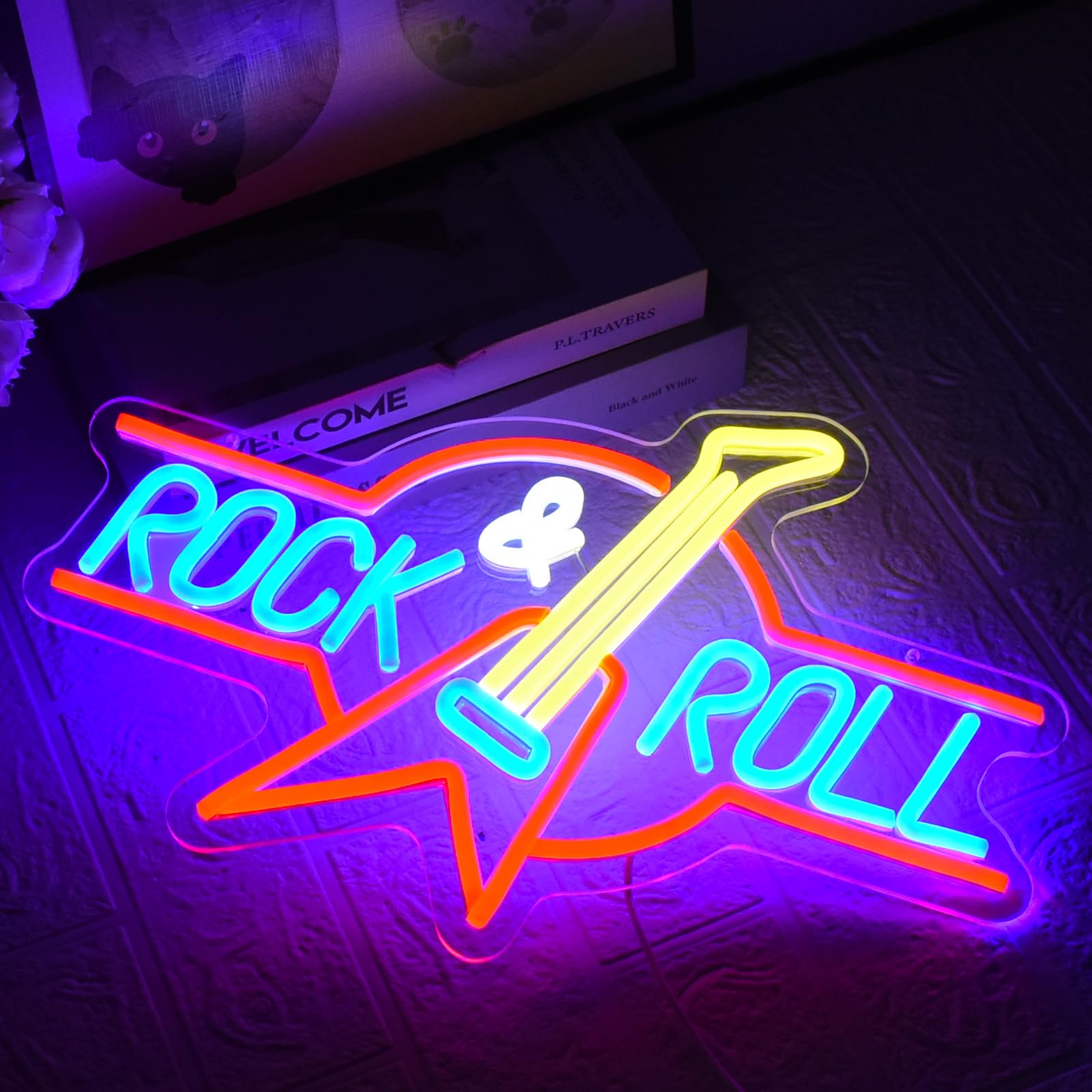 UExnkj-Y Rock Roll Neon Sign Neon Musical Guitar Rock Neon Logo USB Dimmable Neon Light Signs for Bedroom Playroom Music Studio Rock Party - Image 2