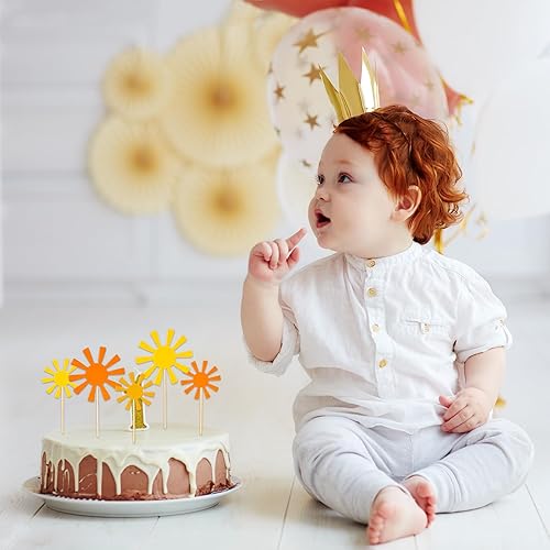Miniatura 6 de Whaline 48 adornos bohemios para cupcakes de sol, 2 tamaños, decoración de papel solar con punta de pegamento, amarillo y naranja, centro de mesa de
