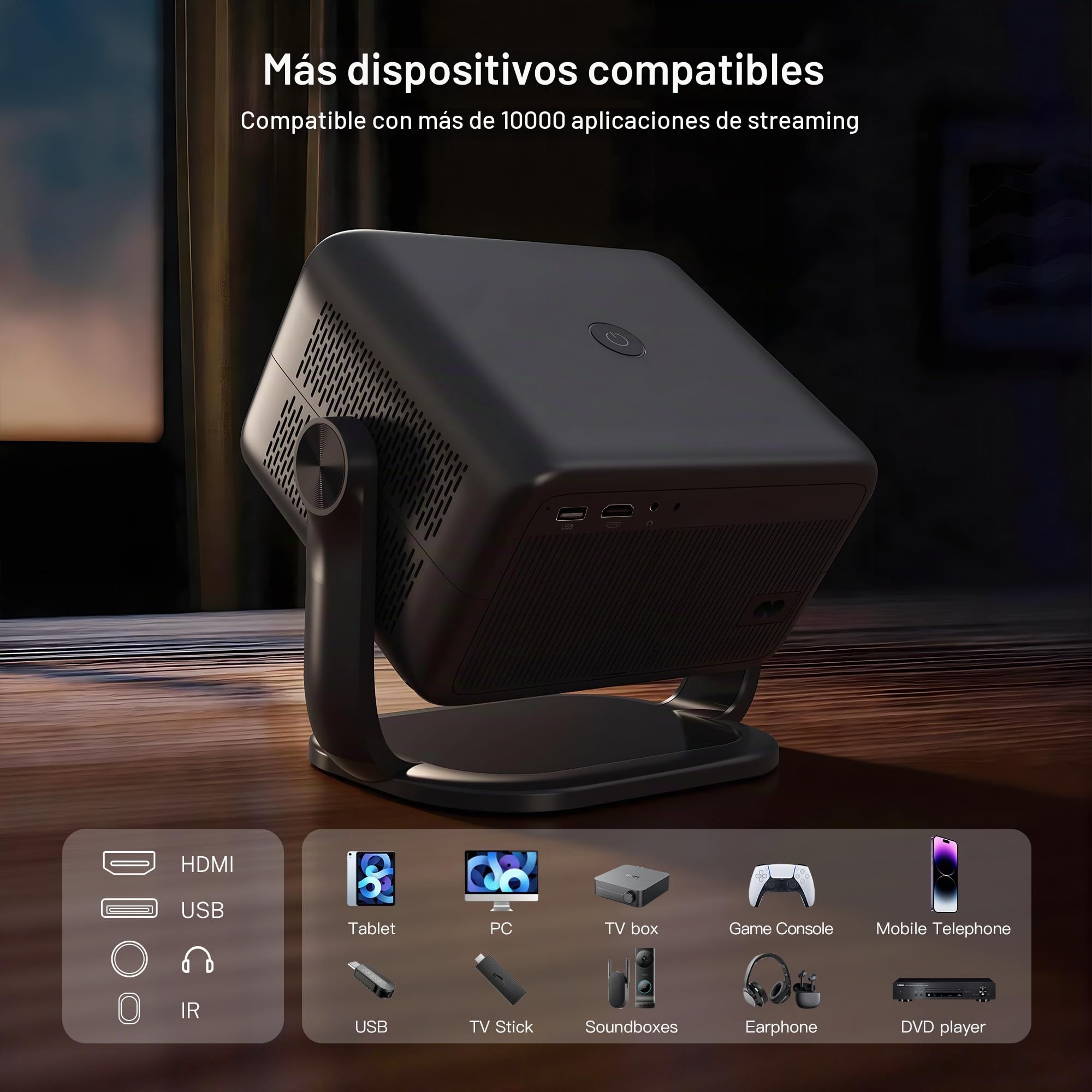 Proyector Inteligente 1080P Nativo 800 ANSI, Android 14, Soporta 4K | Control Remoto Air Mouse, Enfoque y Corrección Automáticos por IA, WiFi 6 y BT 5.4, Audio Hi-Res, Compatible con Netflix