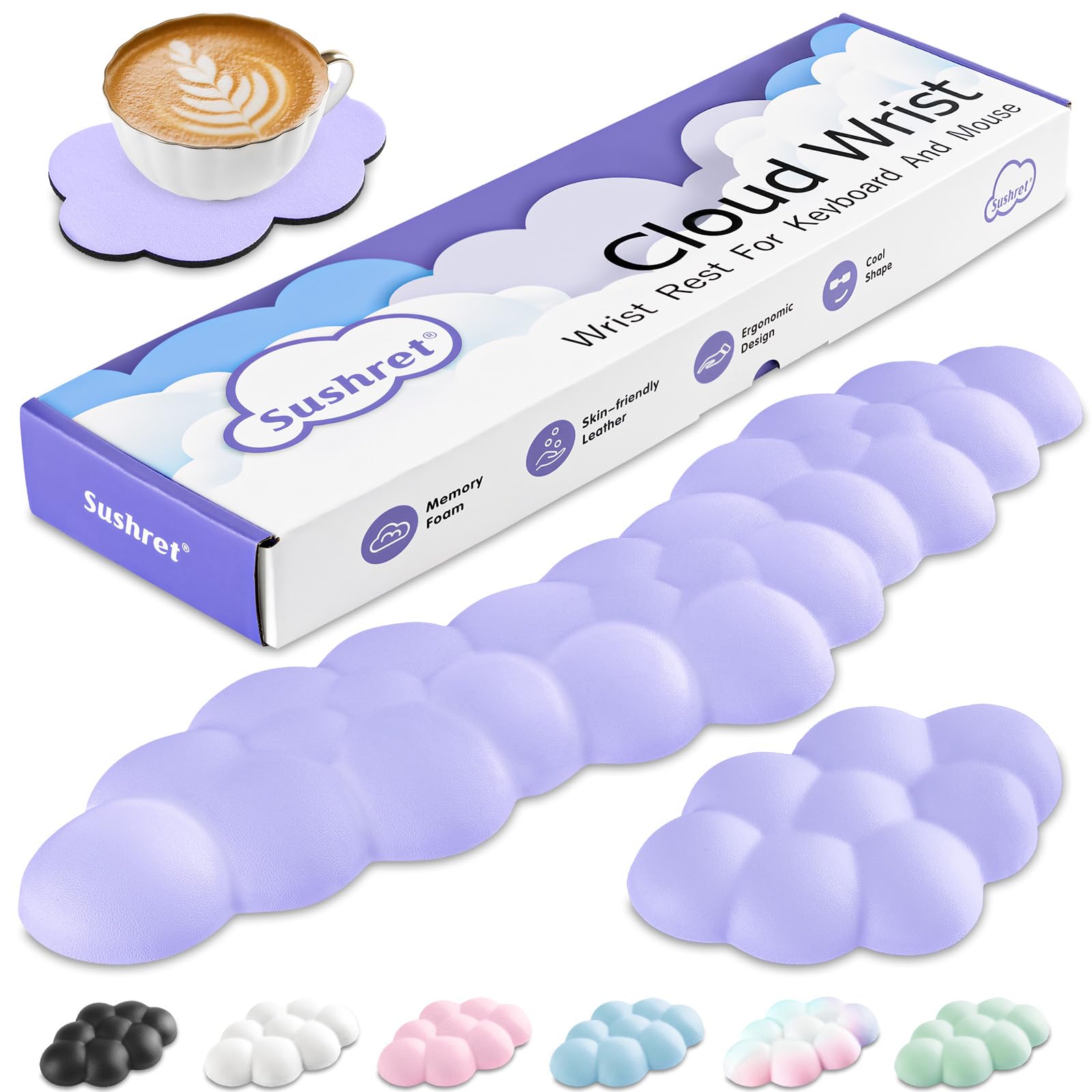Sushret Cloud Wrist Rest Keyboard, Cloud Palm Rest Set with PU Leather Memory Foam, Cute Keyboard Rest for Wrist Support and Arm Rest, Desk Cloud Wrist Pad for PC/Gaming/Hand Cushion/Computer-Purple
