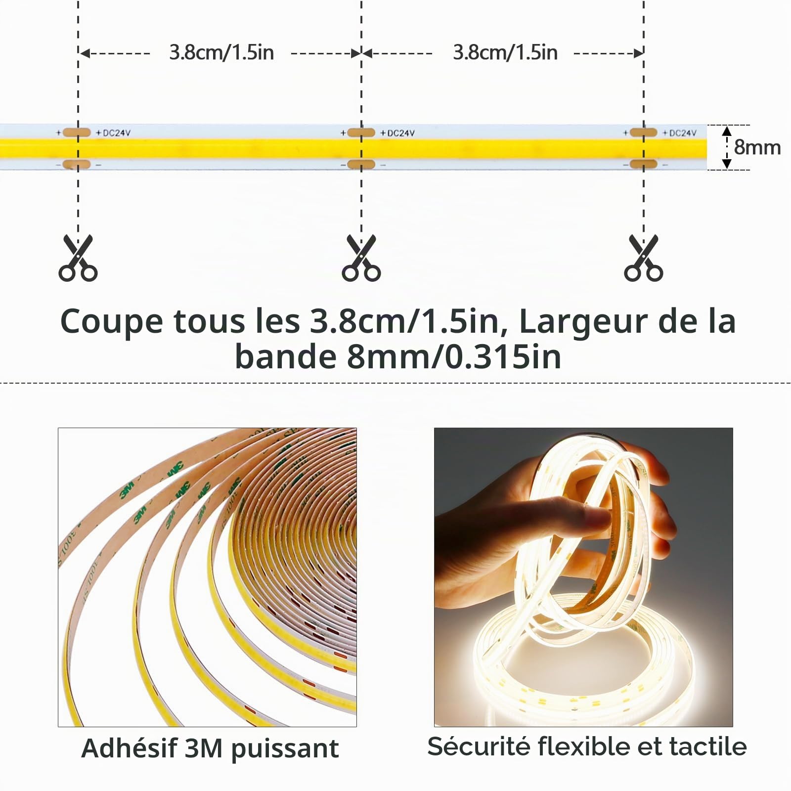 GOMING 24V 10M COB Ruban LED Blanc Naturel 4000K Dimmable 312LEDs/M CRI 93+
