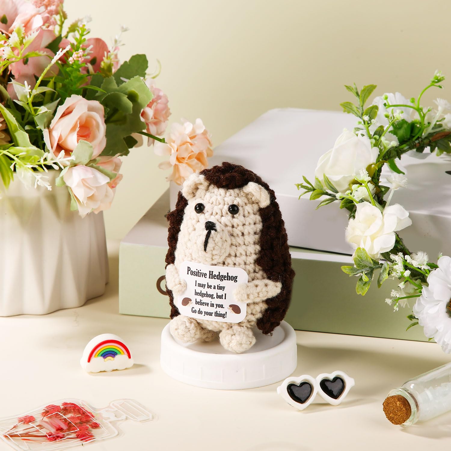 TOYMIS Positivo Corgi All'Uncinetto, Uncinetto Supporto Emotivo Cane Positivo per Regalo Ispiratore Casa Ufficio Decorazione Madre Laurea Regalo