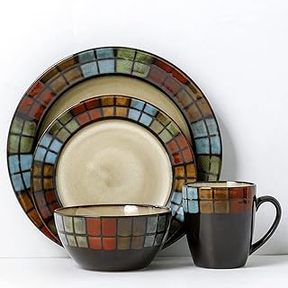 Brigtviee Zestaw obiadowy w stylu vintage, glazura wypalana w piecu, 16-częściowy zestaw naczyń serwisowych, zestawy zastawy stołowej z talerzem obiadowym 28 cm, talerzem deserowym 21,5 cm, miską 15 cm i kubkiem 400 ml, serwis dla 4 osób