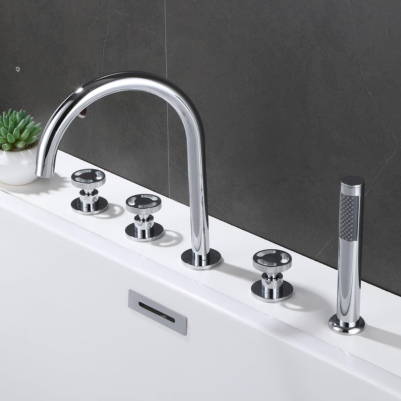 MYUYEE 5 Hole Bath Taps Set With Shower Bath Shower Mixer Tap Chrome 360 Swivel Spout Gooseneck Tap (Chrome)