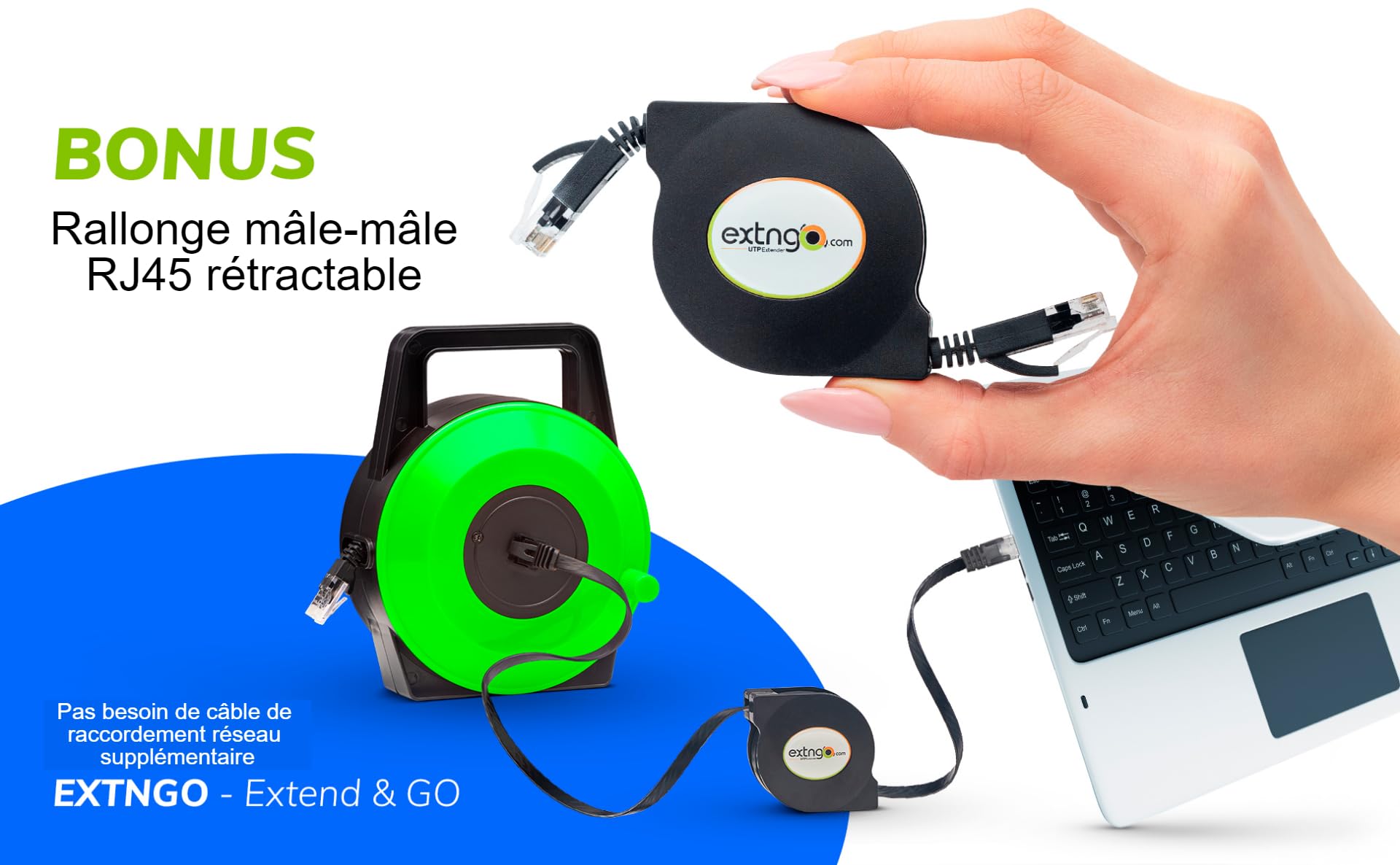 Câble CAT6 Ethernet Rétractable 15m Plat – Extension Internet 1 Gbps Portable avec Connecteur RJ45 Mâle-Femelle